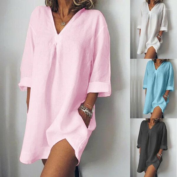 

casual dresses goocheer women shirt dress irregular cotton linen summer blouse woman half sleeve long thin elegant solid blusas, Black;gray