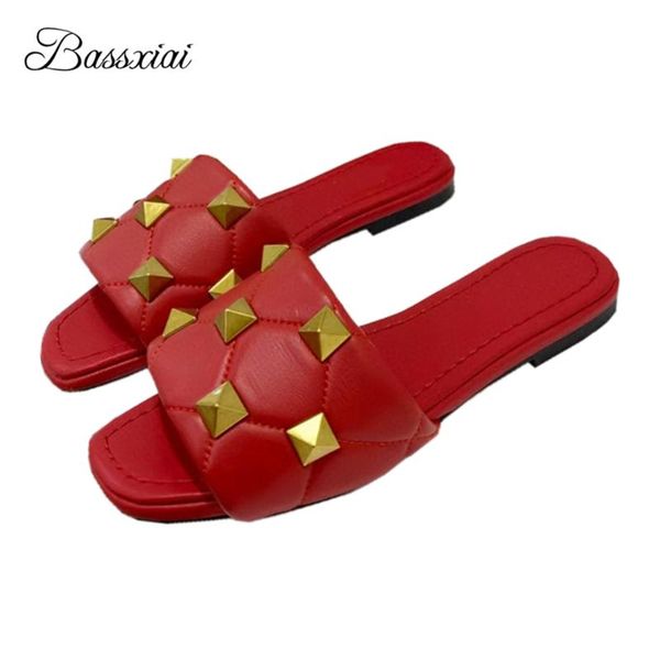 

slippers summer 2021 genuine leather women flat heel multicolor open toe rivet decor lazyman mules for girls lady, Black