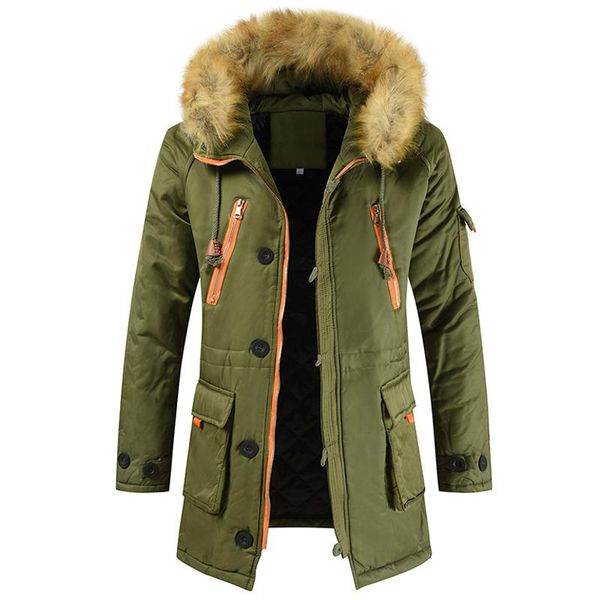 

men's down & parkas long cotton clothes plush thickened warm coat large wool collar zipper cardigan pocket solid wear, Black