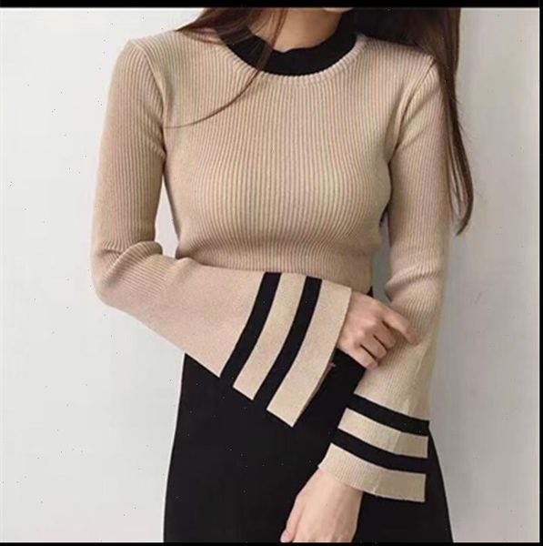 

autumn winter women knitting womens sweaters full flare sleeve o neck pullovers girls knitted patched knitwear fl6959, White;black