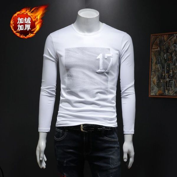 

winter autumn polo shirt 0 plush and thiened long sve men's base coat round ne warm thin velvet slim fitting t-shirt, White;black