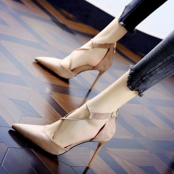 

sandals women's spring and summer fresh french girl high heels black suede stiletto pointed toe strap hollow shoes