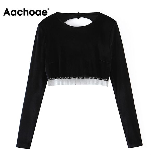 

fashion women o ne bla veet crop 2021 ba hollow out t shirt beading tassel long sleeve streetwear, Black;white
