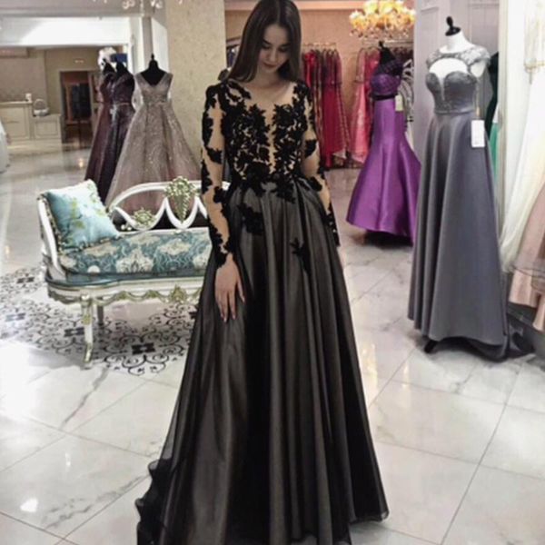 

evening dress 2021 a line long sleeve black hand made flowers satin floor length women party gowns charming elegant special dresses, White;black