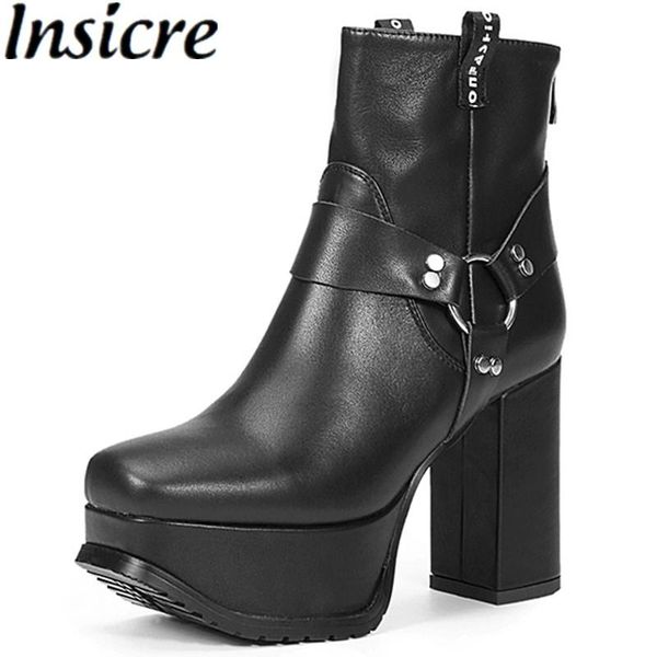 

boots insicre cow leather platform zipper women ankle rivet 2021 fashion winter shoes square toe big size 43 thick high heels, Black
