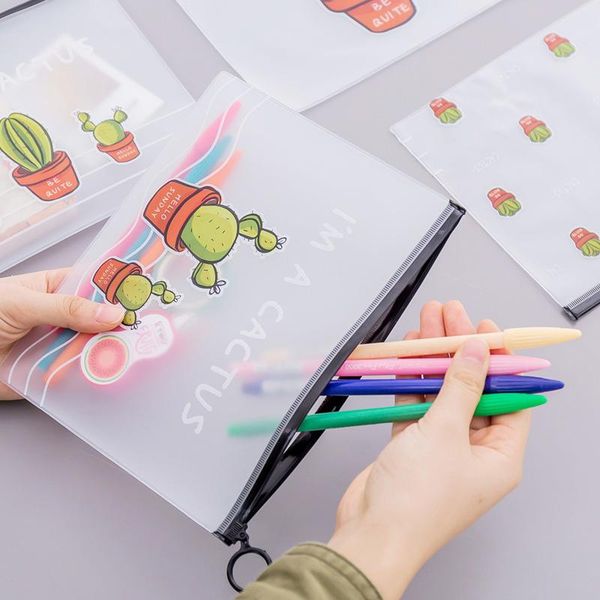 

storage bags 1pcs transparent pencil case stationery large capacity pvc office school supplies girl kids gift cactus pattern