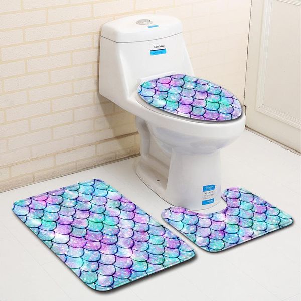 

bathroom toilet floor bath mats fish scale pattern 3-piece set foot pad absorbent polyester soft carpet