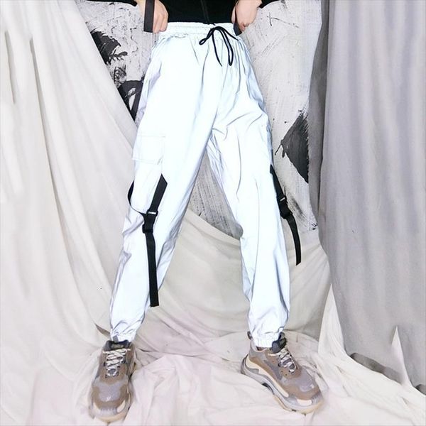 

spring loose reflective cargo glowing women pant streetwear ribbon sweatpant casual trousers hip hop harajuku, Black;white