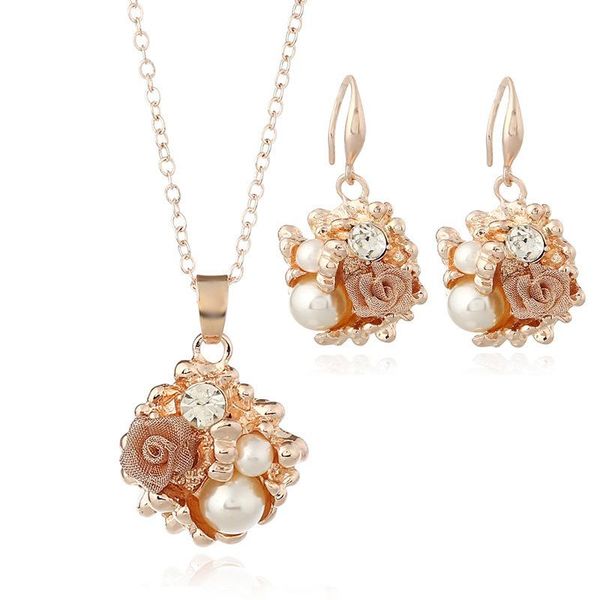 

earrings & necklace exquisite rose flower set for women girls pearl pendant dangle luxury fashion jewelry gifts, Silver
