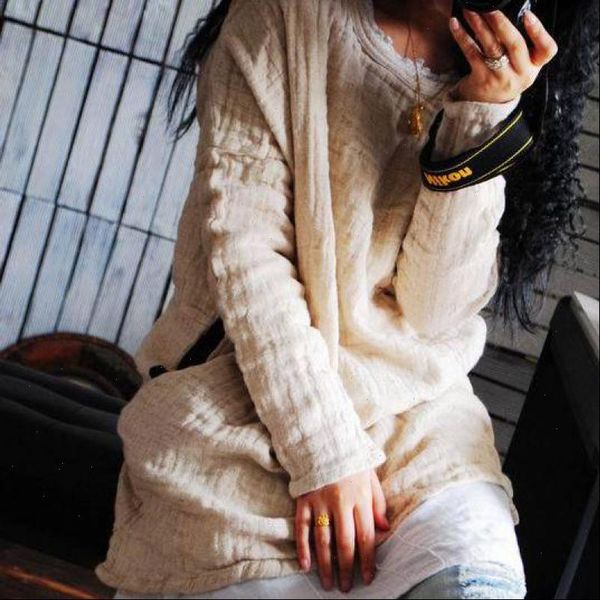

winter original art loose women double layer flax woven long irregular hem cotton linen plus size, White