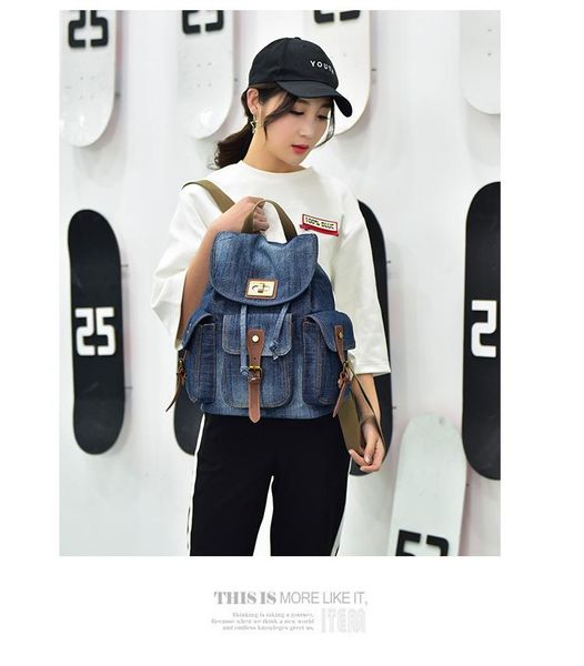 

backpack 2021 retro denim ladies drawstring bag large school casual multi-pocket travel