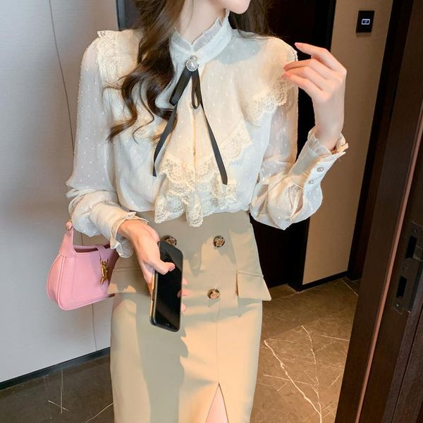 

women's blouses & shirts grazia vira 2021 autumn chiffon shirt female chic design elegant korean style stand collar white lace blouse b