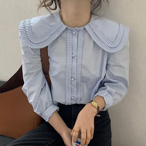 

korean autumn soft blue doll collar organ pleated edging button loose puff sleeve shirts women fashion streetwear 2021 women's blouses, White