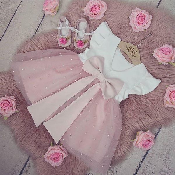

girl's dresses 2021 princess 0-8y toddler baby girls dress sleeve patch summer pearls tulle bow back pegeant party tutu birthday, Red;yellow