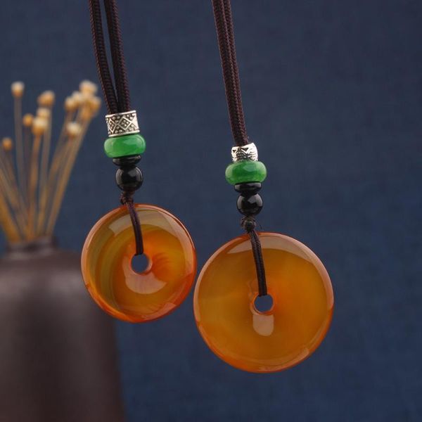 

pendant necklaces fashion vintage natural yellow chalcedony peace buckle necklace ethnic jewelry for women and men, Silver