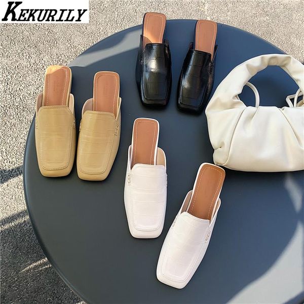 

square toe mules women low heels slippers casual patchwork leather loafers shoes slip on slides black white khaki zapatos mujer