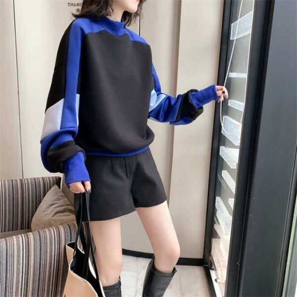 

hoody space cotton stitching female korean version loose autumn long-sleeved short round neck black 210416, White