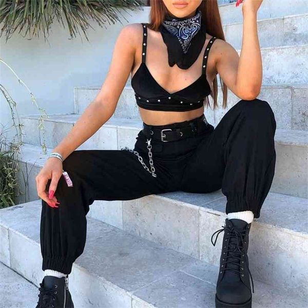 

women's black hip hop chains long joggers pants female high waist loose trousers spring fashion ladies streetwear buttoms 210524, Black;white