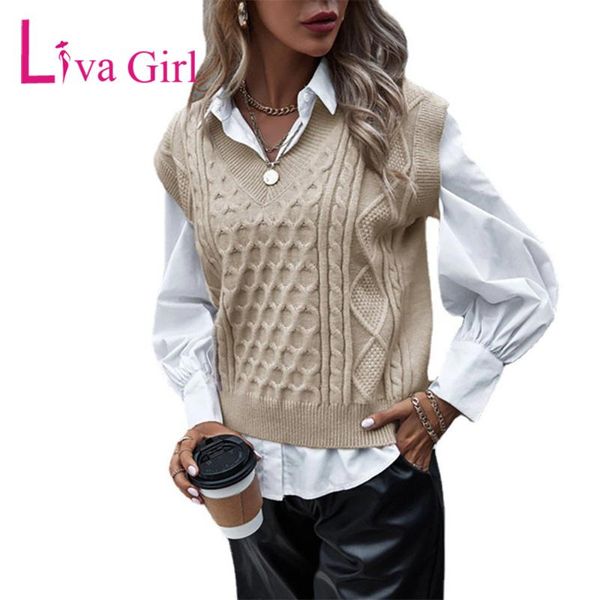 

women's vests liva girl casual plus size slim sleeveless cable v-neck woman knitted vest sweater female autumn winter oversize pullover, Black;white