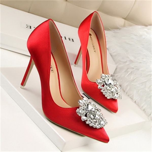 

dress shoes beautiful lady rhinestone design pointed toe thin high heels satin party festival wedding shoes women pumps, Black