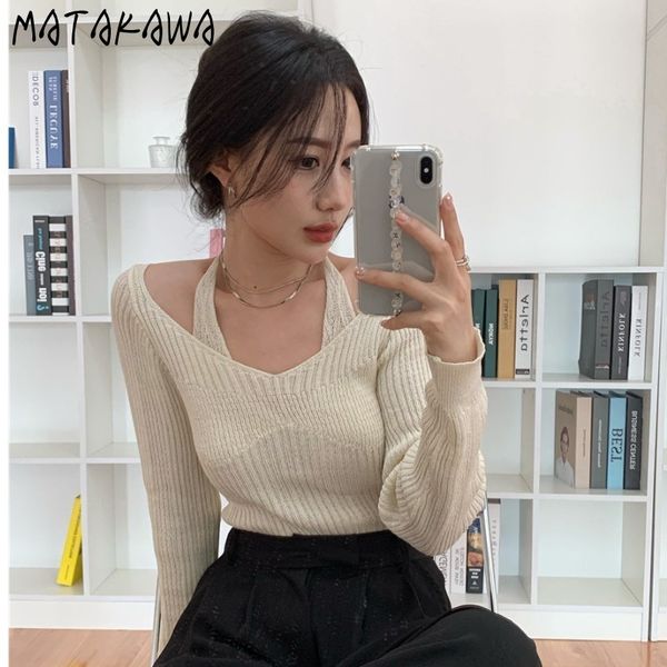 

matakawa spring long-sleeved slim sweaters for women tight-fitting sweater fake two-piece chic hanging neck sweater 210513, White;black