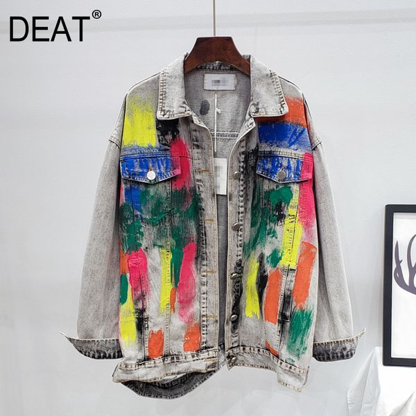 

[deat] lapel collar long sleeve old gray white color paint graffiti neutral denim ptint coat women streetwear spring gx463 210428, Black;brown