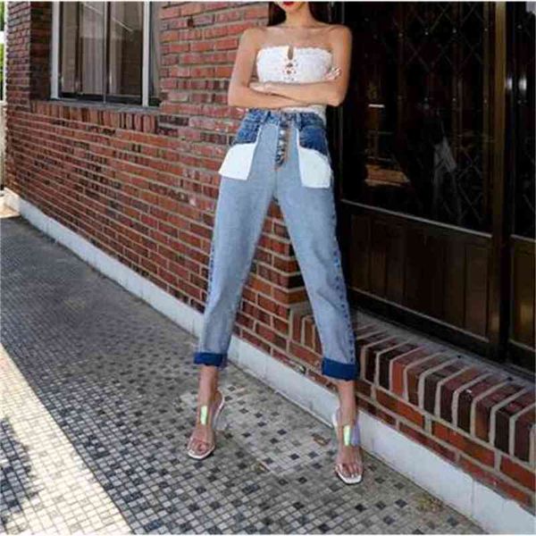 

women jeans spring spring fashion high waist patchwork hit color blue straight denim pants 210520