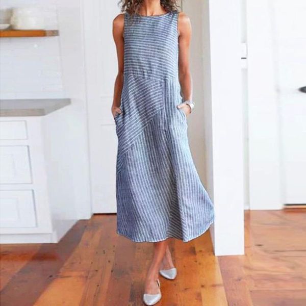 

casual dresses women striped sleeveless tank dress o neck linen pocket long summer beach 2021 women's sundresses, Black;gray