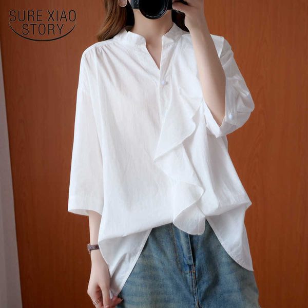 

autumn solid color loose casual cotton and linen blouse women large size slim all-match shirt female chemisier femme 10259 210528, White