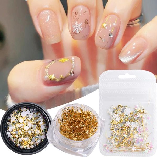 

nail art decorations christmas 3d decoration pearl beads moon star studs golden wire mixed jewelry winter design tools lysd01-04, Silver;gold