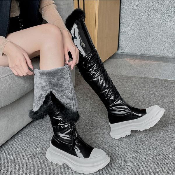 

boots fur lace up plush patent leather thick bottom platform over the knee women snow winter keep warm women's shoes, Black