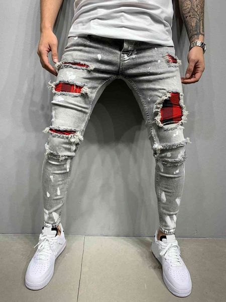 

men's fashion jeans printed with holes sell well, Blue