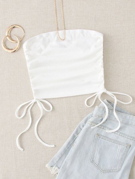 

ribbed knit drawstring side ruched tube e32c#, White