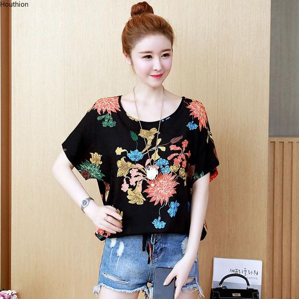 

women's t-shirt houthion oversized printed o-collar casual fashion summer loose plus size chiffon short sleeve t shirt, White