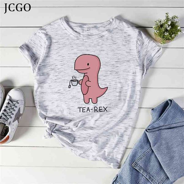 

jcgo women t shirt summer cotton plus size 5xl cartoon dinosaur t-rex print short sleeve o-neck casual female tshirts tee 210720, White