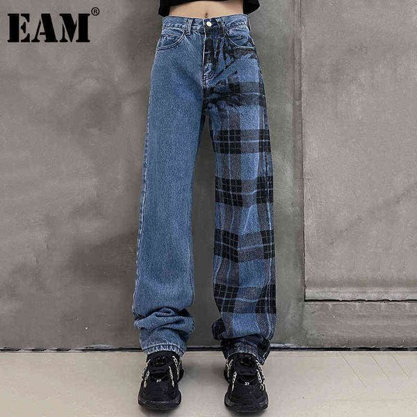 

[eam] high waist blue plaid long wide leg denim jeans loose women trousers fashion spring autumn 1dd9323 211129
