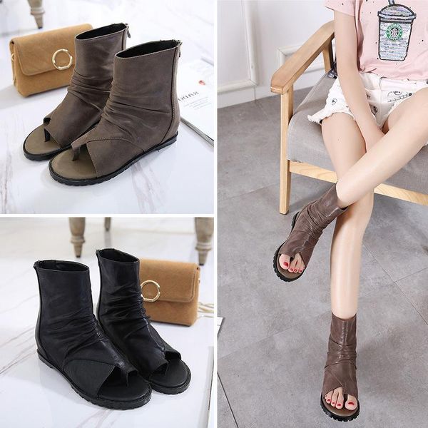 

sandals middle heel toe roman women's slope high shoes inner elevated, Black