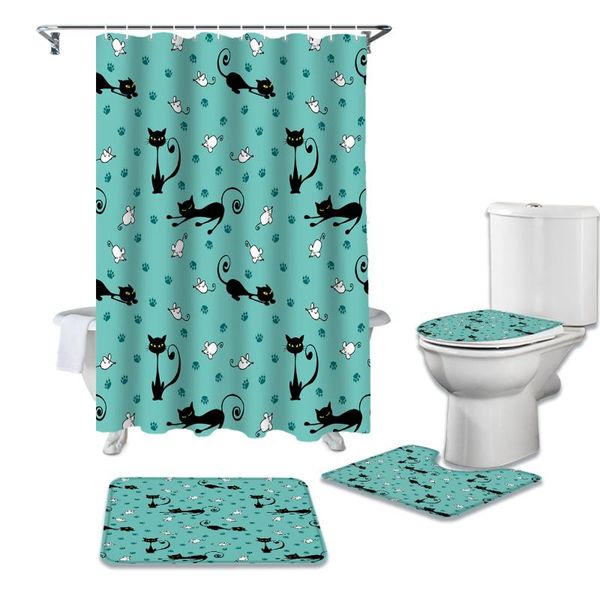 

shower curtains cartoon animal black cat mouse print curtain bathtub decor rug waterproof bathroom toilet cover mat set