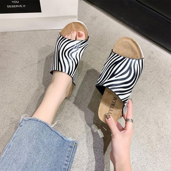

women's shoes summer slippers slides 2021 zebra house for woman wedge all-match thick bottom non-slip women zapatillas mujer, Black