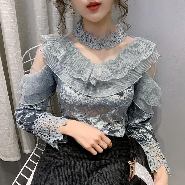 

design female golden velvet lace stitching bottoming shirt women autumn winter mesh hollow out loose blouse half high coll, White