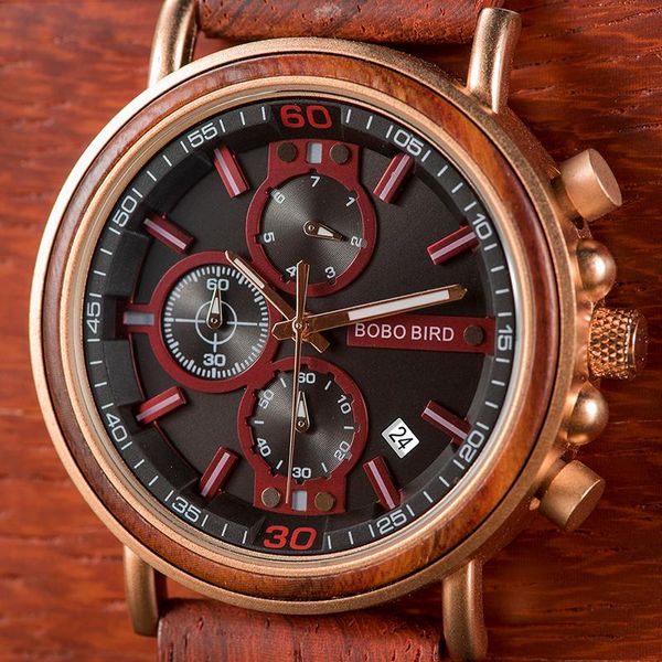 

wristwatches relogio masculino bobo bird wood watch men stylish chronograph quartz wristwatch with wooden box montre homme, Slivery;brown