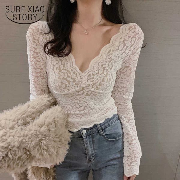 Primavera V-Neck Blusa Mulheres Doce Hollow Lace Sexy Shirt Forma Wave White Tops Moda Blusas Chic Magro All-Match 12255 210527