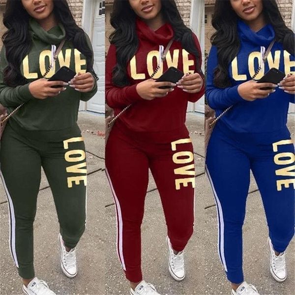 

turtleneck two pieces jogger set womenpant letter printed autumn winter streetwear long sleeve casual elastic waist sportswear suit, White