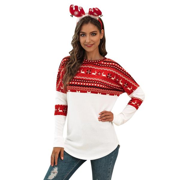 

women's t-shirt long sleeve women spring autumn o neck patchwork pullover tees casual female christmas clothes, White