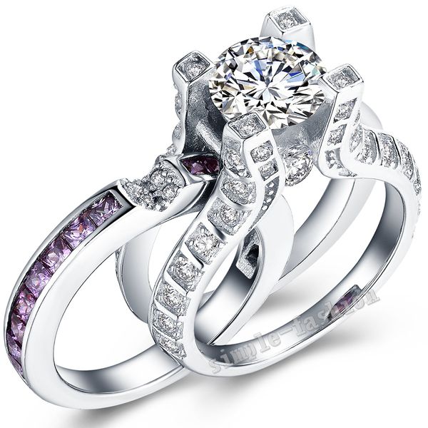 

vecalon luxury jewelry 3ct amethyst cz diamond engagement wedding band ring set for women 10kt white gold filled female ring, Slivery;golden