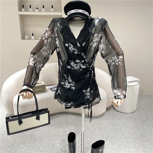 

women's blouses & shirts niche design clothing 2021 summer lace up long sleeve wide floral shirt thin coat and lazy, White