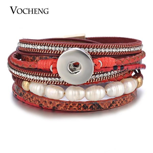 

charm bracelets leather bracelet vocheng ginger snap jewelry multilayer long with pearl crystal magnet clasp fit 18mm button 3 colors nn-602, Golden;silver