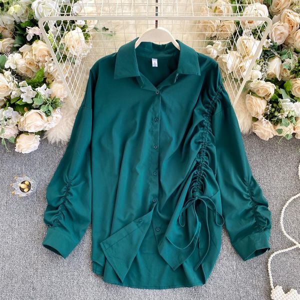 

autumn style ladies shirt women drawstring folds scheming irregular loose long-sleeved blouse uk140 women's blouses & shirts, White
