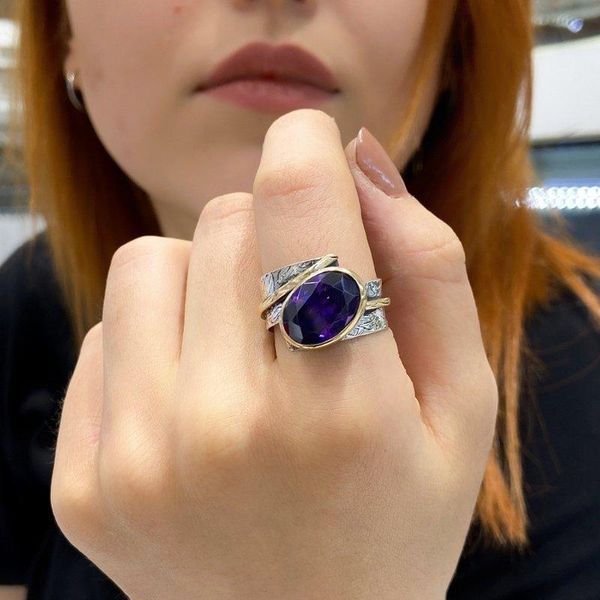

cluster rings authentic hand production amethyst gemstone silver ring, Golden;silver