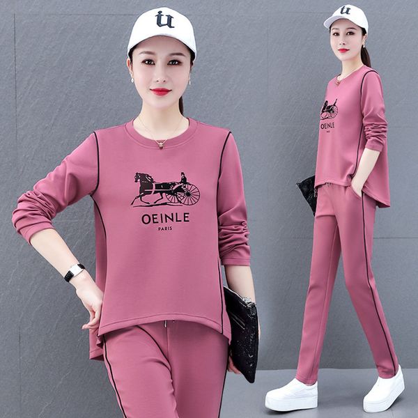 

casual sweater women's spring and autumn 2021 new korean version loose large foreign style aging mother sports two-piece set, Gray